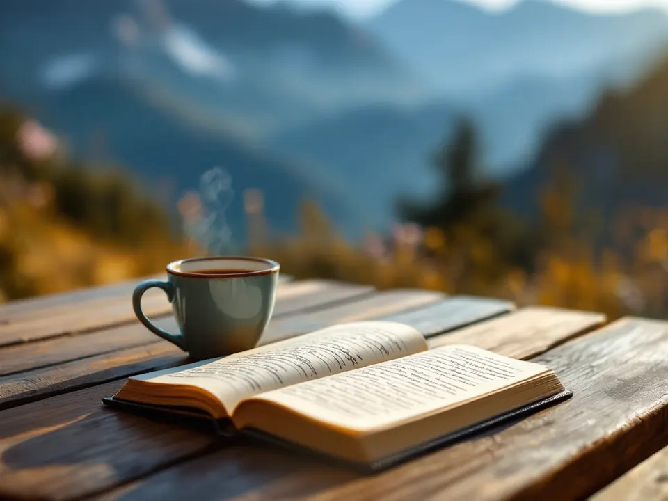 Un carnet et un café sur une terrasse face aux montagnes